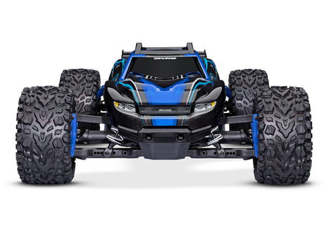 Traxxas Rustler 4X4 BL-2s remote control truck on a dirt surface, showcasing its off-road design and rugged tires.