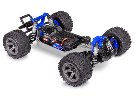Traxxas Rustler 4X4 BL-2s remote control truck with off-road tires and detailed body, ready for high-speed racing and rough terrain.