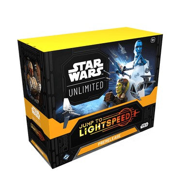 Star Wars Jump to Lightspeed prerelease box by Fantasy Flight Games, featuring themed game cards and packaging for Star Wars: Unlimited.
