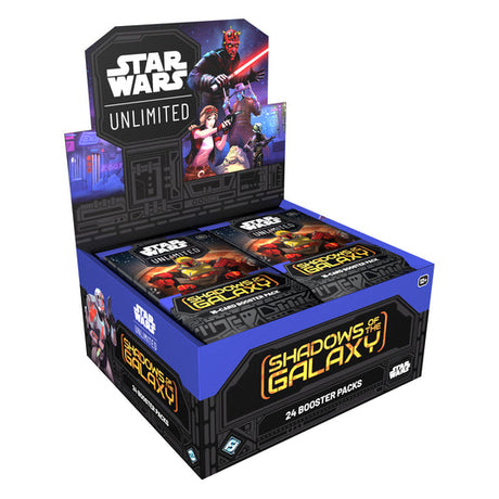 Star Wars Shadows of the Galaxy booster box by Fantasy Flight Games featuring Star Wars-themed game cards and artwork.