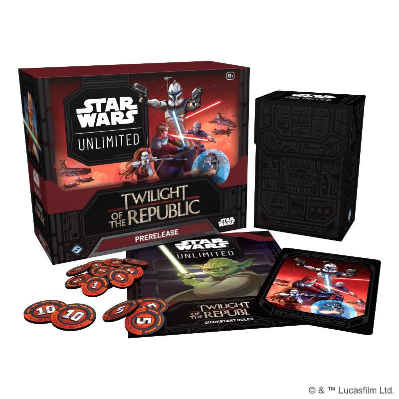Star Wars Twilight of the Republic prerelease box featuring themed game cards and artwork from Fantasy Flight Games.