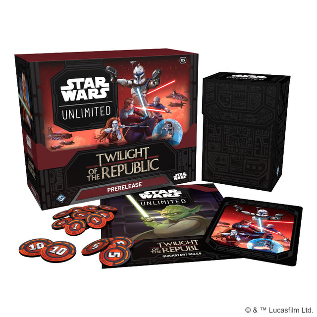 Star Wars Twilight of the Republic prerelease box featuring themed game cards and artwork from Fantasy Flight Games.