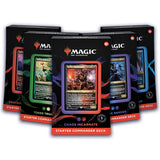 MTG Starter Commander decks by Wizards of the Coast featuring colorful card illustrations and iconic game artwork.