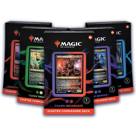 MTG Starter Commander decks by Wizards of the Coast featuring colorful card illustrations and iconic game artwork.