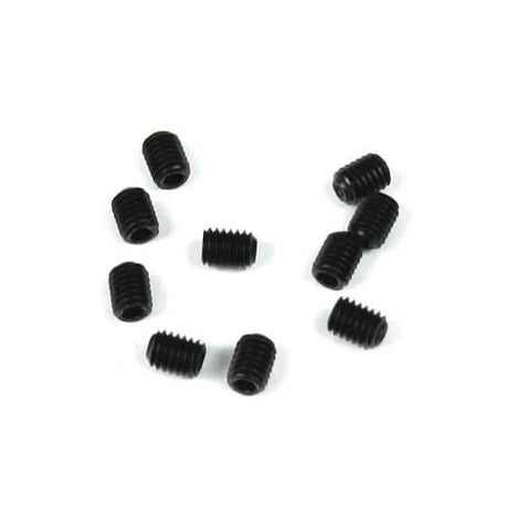 Set of 10 Tekno M3x4mm hex set screws, metal fasteners with hex heads, used for precise assembly and securing parts.