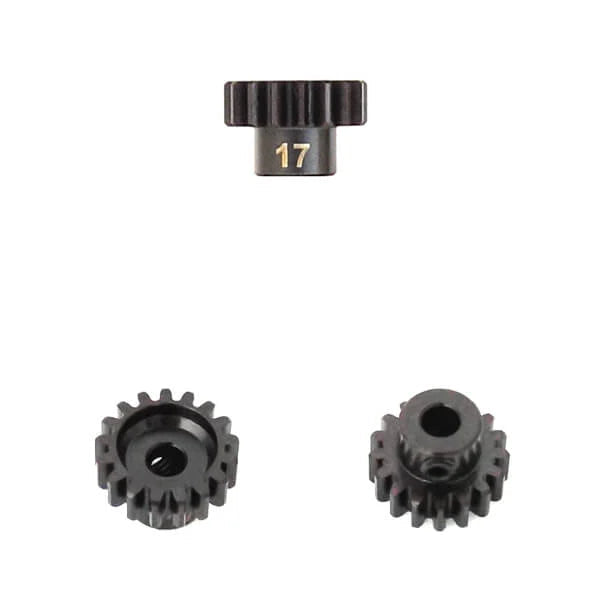 Tekno M5 pinion gear with 17-tooth, MOD1, 5mm bore, and set screw for RC car motor gear installation.