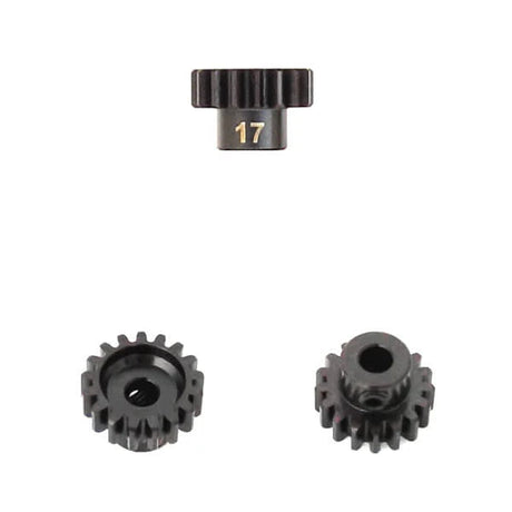 Tekno M5 pinion gear with 17-tooth, MOD1, 5mm bore, and set screw for RC car motor gear installation.