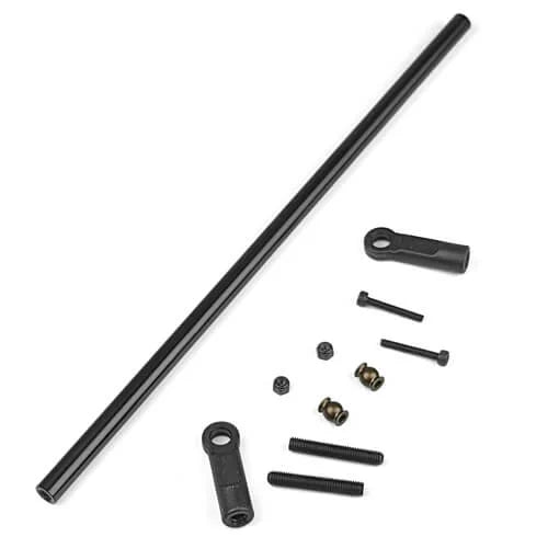 Tekno SCT410 2.0 chassis and shock tower brace, black and silver, mounted on RC car frame for enhanced stability and support.