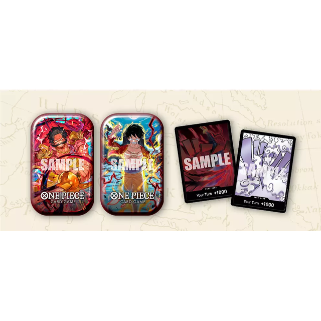 Bandai One Piece TCG Tin Pack Set V1 (TS-01) with trading cards and packaging, showcasing collectible cards from the series.