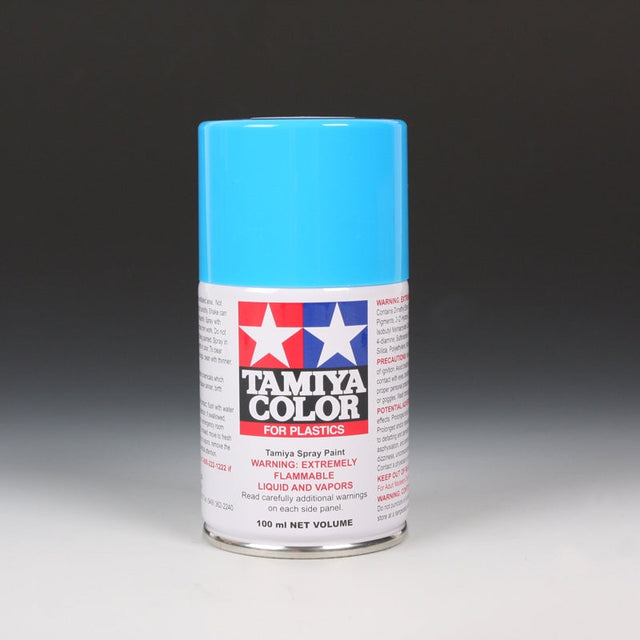 Tamiya TS-23 Light Blue spray paint in a 100ml can, showing the blue aerosol with spray nozzle and label.