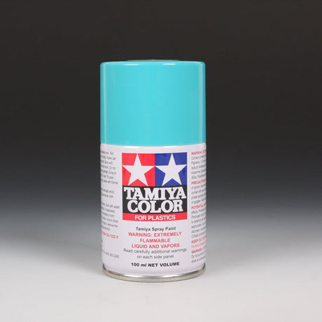 Tamiya TS-41 Coral Blue spray paint in 100ml bottle, showcasing the vibrant coral blue color and spray nozzle.