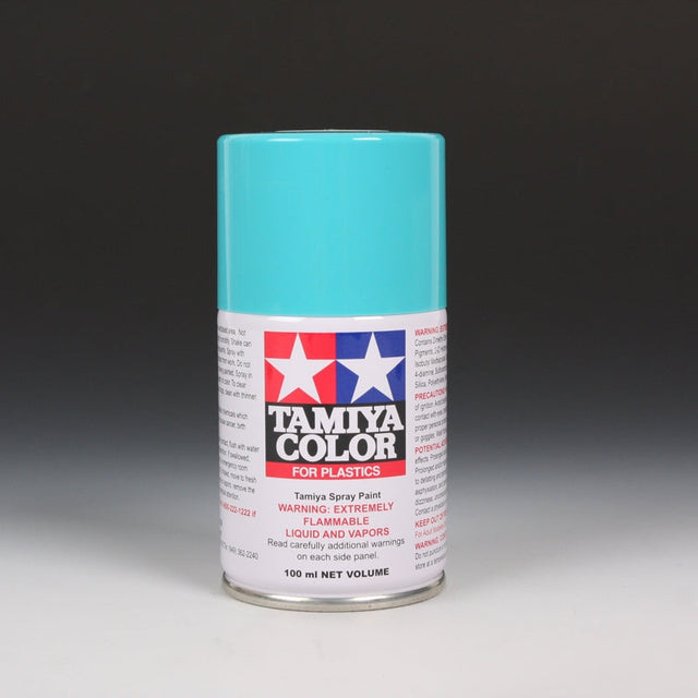 Tamiya TS-41 Coral Blue spray paint in 100ml bottle, showcasing the vibrant coral blue color and spray nozzle.