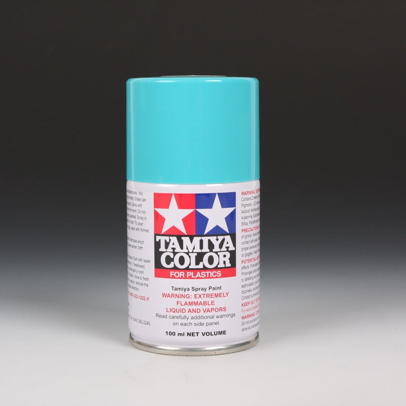 Tamiya TS-41 Coral Blue spray paint in 100ml bottle, showcasing the vibrant coral blue color and spray nozzle.