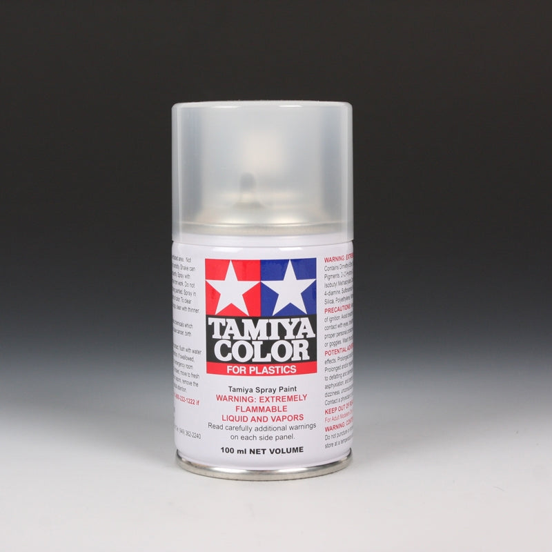 Tamiya TS-79 Semi Gloss Clear Spray Paint 100ml bottle with spray nozzle for model finishing and clear coat applications.