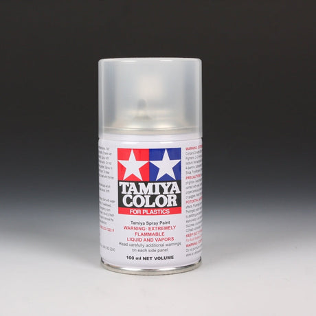 Tamiya TS-79 Semi Gloss Clear Spray Paint 100ml bottle with spray nozzle for model finishing and clear coat applications.