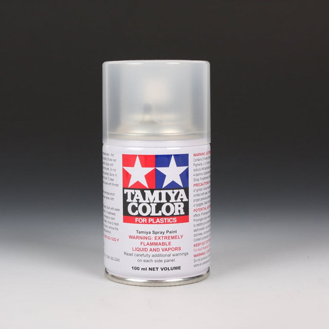Tamiya TS-79 Semi Gloss Clear Spray Paint 100ml bottle with spray nozzle for model finishing and clear coat applications.
