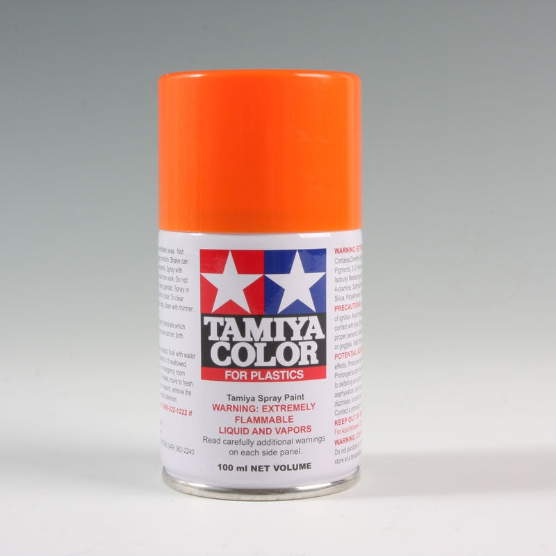 Tamiya TS-98 Pure Orange spray paint can, 100ml, with orange spray nozzle and label showing product details.