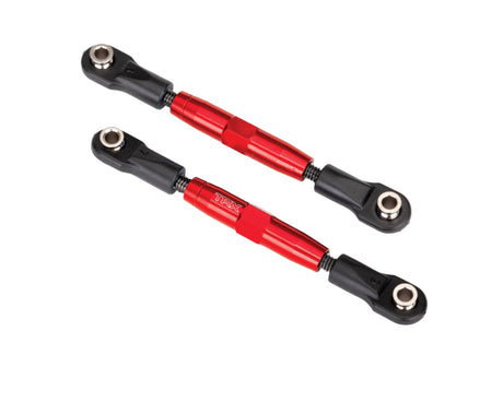 Red aluminum front camber links for Traxxas RC cars, 83mm tubes, lightweight and durable suspension upgrade.