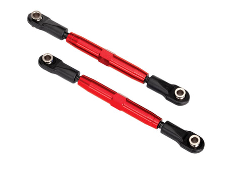 Traxxas red aluminum rear camber links for 73mm RC car suspension, featuring durable construction and precise fit.