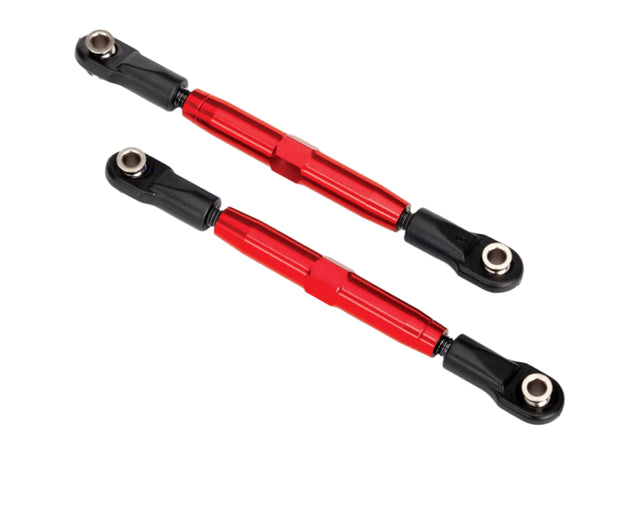 Traxxas red aluminum rear camber links for 73mm RC car suspension, featuring durable construction and precise fit.