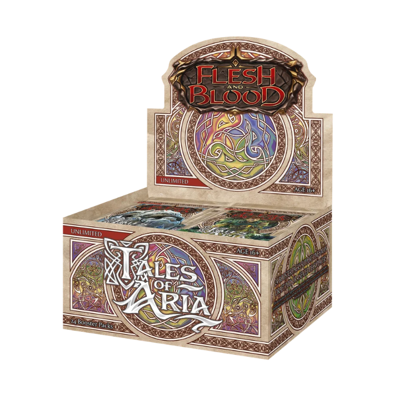 Flesh and Blood Tales of Aria Unlimited booster box of collectible trading cards by Legends Story Studios, featuring colorful card artwork.