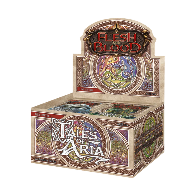 Flesh and Blood Tales of Aria Unlimited booster box of collectible trading cards by Legends Story Studios, featuring colorful card artwork.