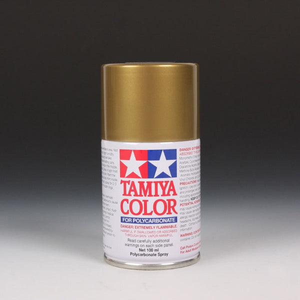 Tamiya PS-13 Gold spray paint in a 100ml can, shown with the gold-colored spray nozzle and packaging.