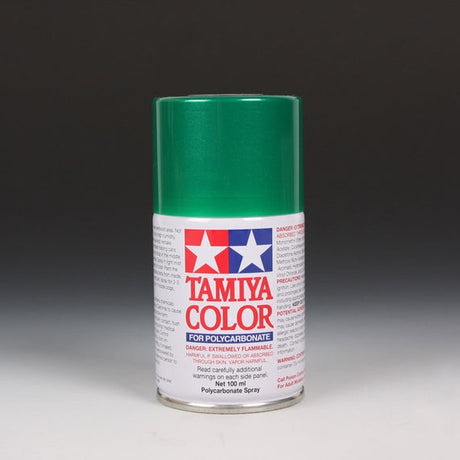 Tamiya PS-17 Metallic Green spray paint in a 100ml bottle, showcasing the metallic green paint with spray nozzle.
