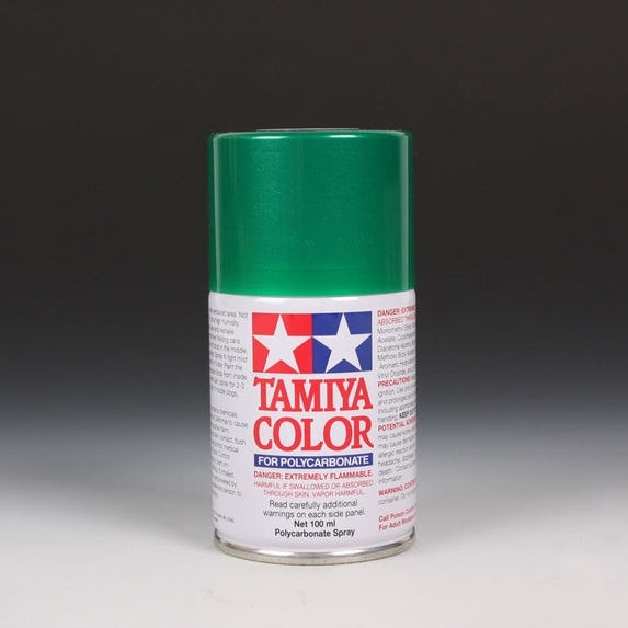 Tamiya PS-17 Metallic Green spray paint in a 100ml bottle, showcasing the metallic green paint with spray nozzle.