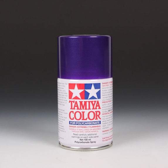Tamiya PS-18 Metallic Purple spray paint can, 100ml, showing the vibrant metallic purple color and spray nozzle.