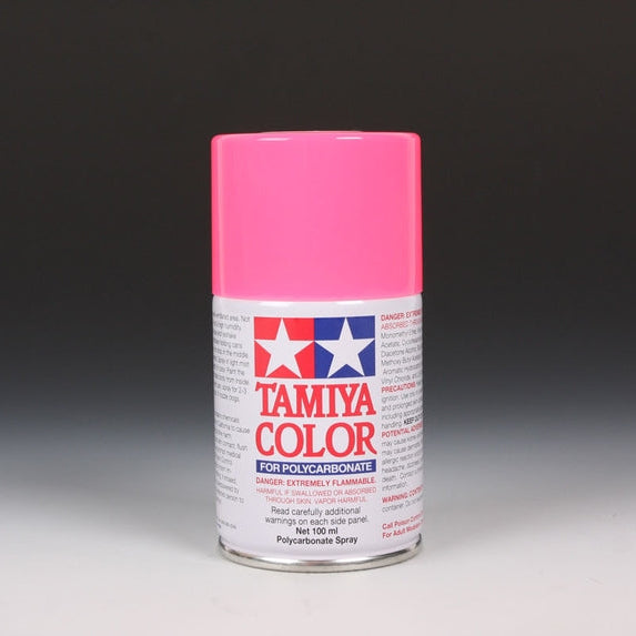 Tamiya PS-29 fluorescent pink spray paint can, 100ml, with bright pink spray nozzle and packaging in the image.