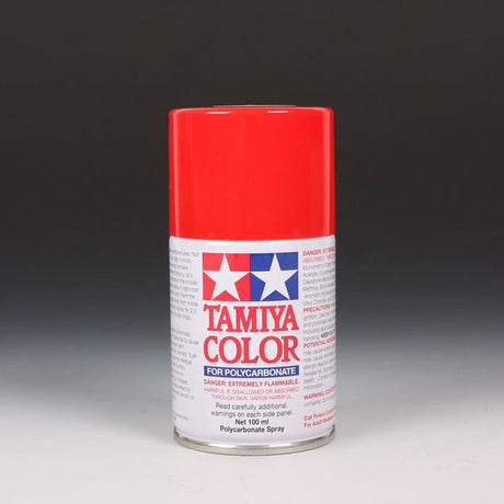 Tamiya PS-34 Bright Red spray paint can, 100ml, with red spray nozzle and label visible on the Tamiya branded paint can.