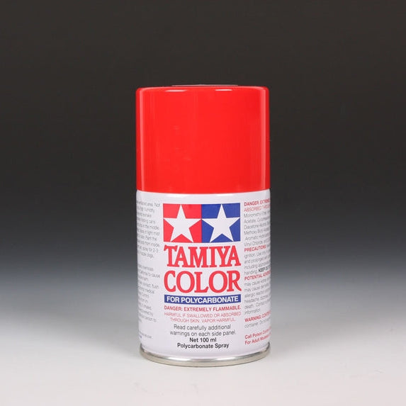 Tamiya PS-34 Bright Red spray paint can, 100ml, with red spray nozzle and label visible on the Tamiya branded paint can.