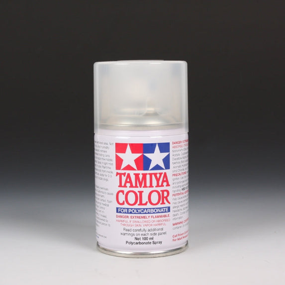 Tamiya PS-55 Flat Clear Spray Paint 100ml bottle with spray nozzle, ideal for model finishing and clear coating.
