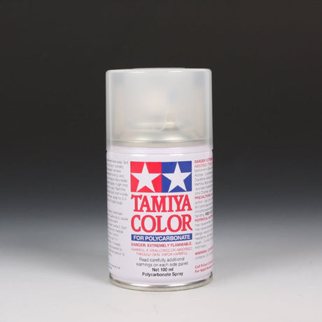 Tamiya PS-55 Flat Clear Spray Paint 100ml bottle with spray nozzle, ideal for model finishing and clear coating.