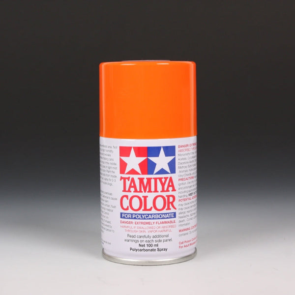 Tamiya PS-62 Pure Orange spray paint can, 100ml, with orange spray nozzle and label, used for model painting and crafting.