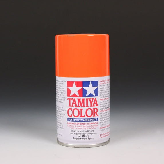 Tamiya PS-7 orange spray paint in a 100ml aerosol can, ideal for model painting and detailed craft projects.