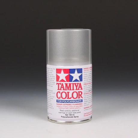 Tamiya PS-36 Transparent Silver spray paint in a 100ml can, shown with the silver-colored spray nozzle and label.