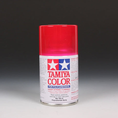 Tamiya PS-37 transparent red spray paint bottle with 100ml capacity for model customization and painting projects.