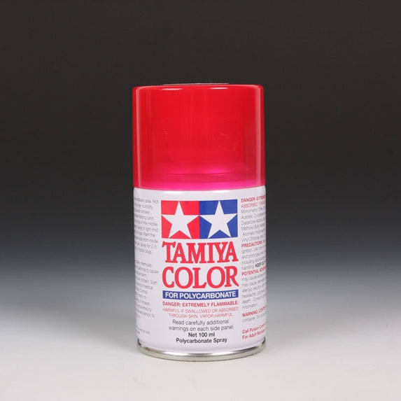 Tamiya PS-37 transparent red spray paint bottle with 100ml capacity for model customization and painting projects.