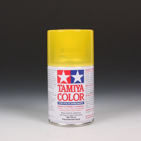 Tamiya PS-42 transparent yellow spray paint can, 100ml, shown with yellow spray paint and nozzle spray cap.