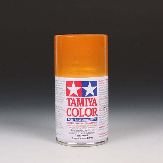 Tamiya PS-43 Transparent Orange spray paint bottle, 100ml, with the orange spray nozzle visible.