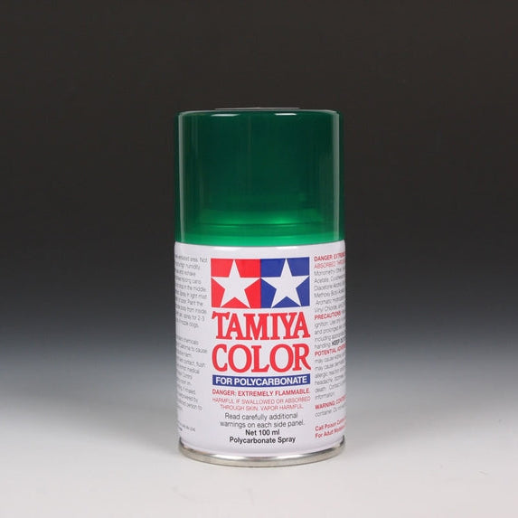 Tamiya PS‑44 Transparent Green spray paint in 100ml container, ideal for model painting and custom hobby projects.