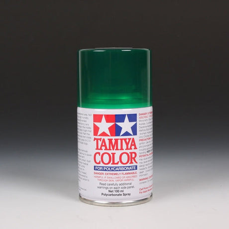 Tamiya PS‑44 Transparent Green spray paint in 100ml container, ideal for model painting and custom hobby projects.
