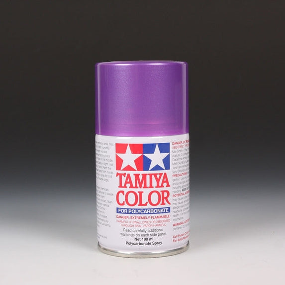 Tamiya PS-46 purple and green iridescent spray paint can, 100ml, shown with colorful iridescent finish and spray nozzle.