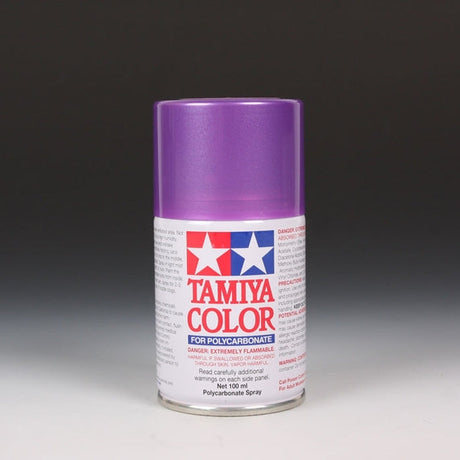 Tamiya PS-46 purple and green iridescent spray paint can, 100ml, shown with colorful iridescent finish and spray nozzle.