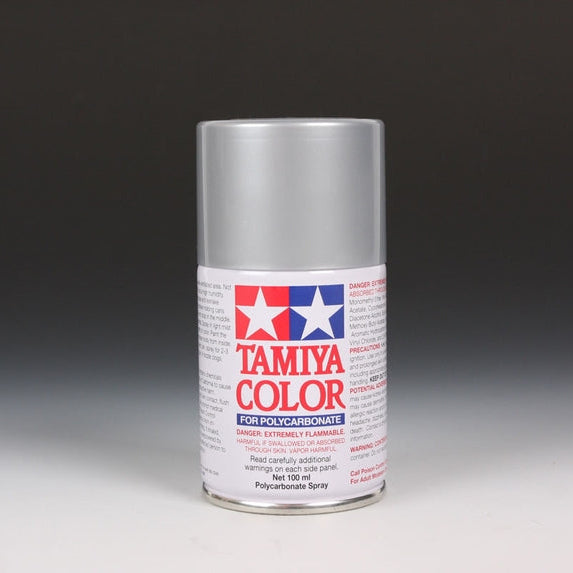 Tamiya PS-48 semi-gloss silver spray paint in 100ml aerosol can, ideal for model finishing and detailing projects.