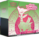 Pokémon TCG Temporal Forces Elite Trainer Box featuring booster packs, card sleeves, and accessories with Pokémon branding.