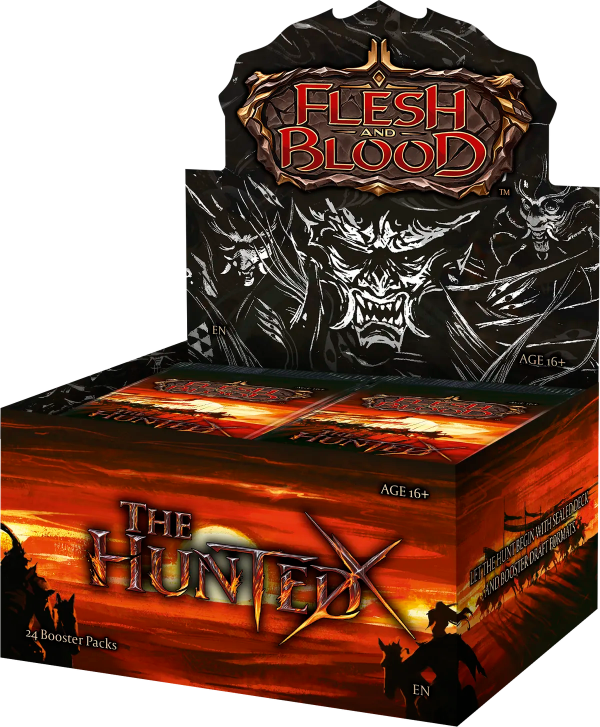 Flesh and Blood The Hunted booster box of collectible trading cards by Legends Story Studios, featuring artwork on the packaging