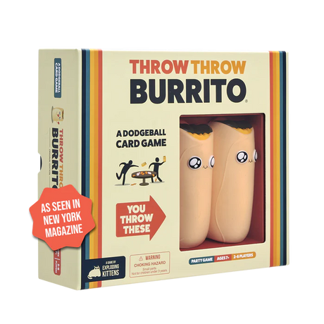 A Toss and Catch game called Throw Throw Burrito by Exploding Kittens, featuring plush burrito-shaped soft projectiles.